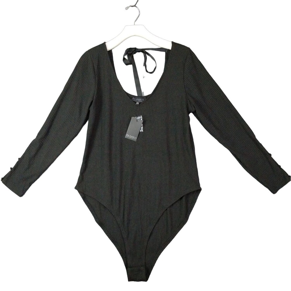 Eloquii Womens Balletcore Coquette Cotton Bodysuit 18/20 Black Ribbed Tie NEW